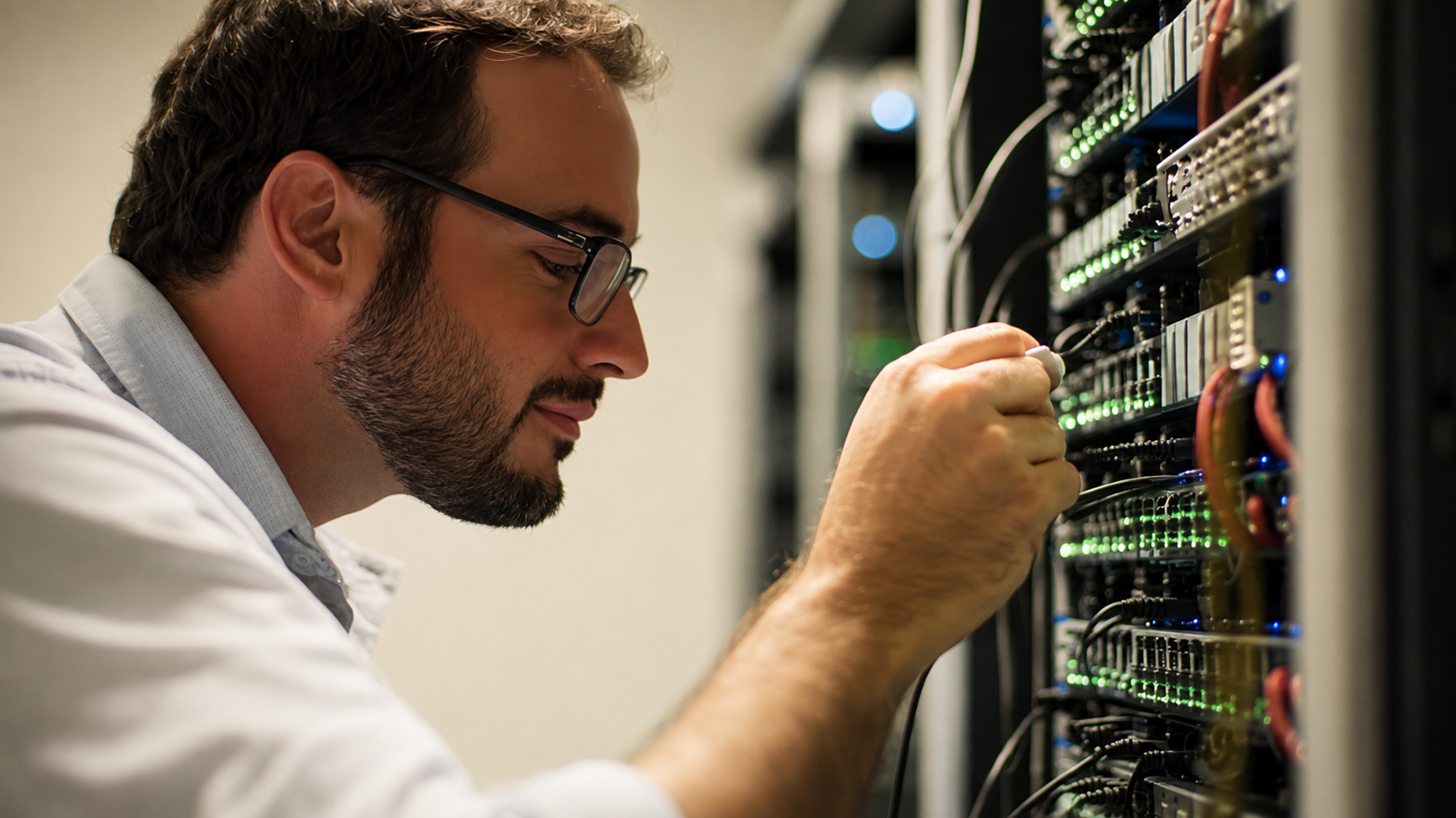 Technician working on Ubiquiti network equipment in a server rack