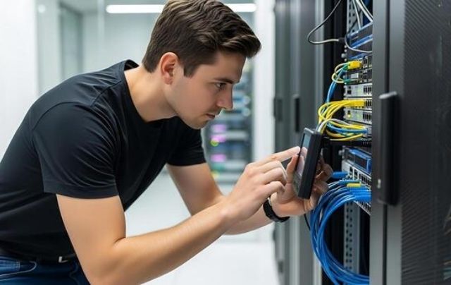 Alt Text: Technician testing DAS in-building wireless solutions network equipment in a server rack